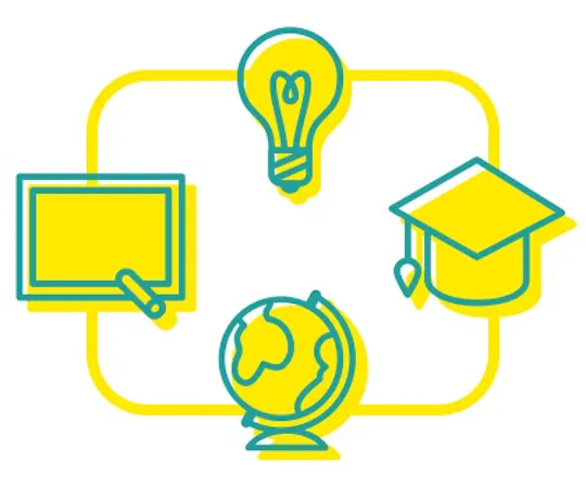 Yellow and teal line icons of a lightbulb, graduation cap, globe and screen for Magnified Giving