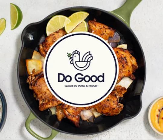 Do Good Chicken logo over a skillet of roasted chicken with lime wedges