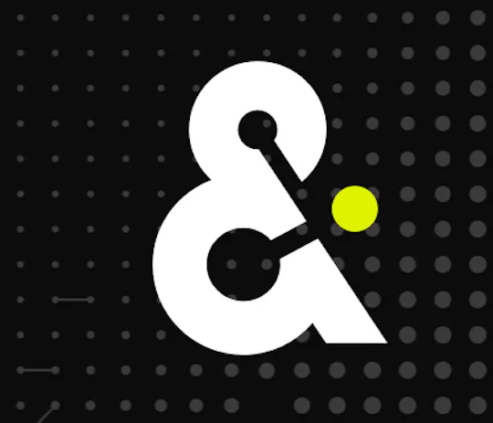 Amperity ampersand logo in white with a lime-green dot on a black dotted background