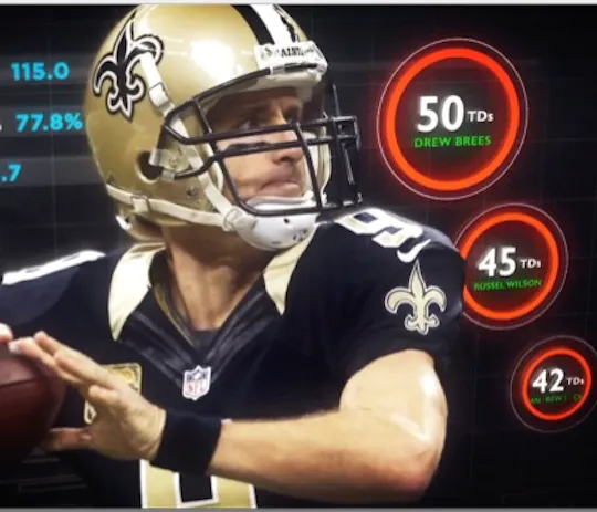 Pro Football Focus graphic of a Saints quarterback throwing, with touchdown stat rings for Drew Brees and Russell Wilson
