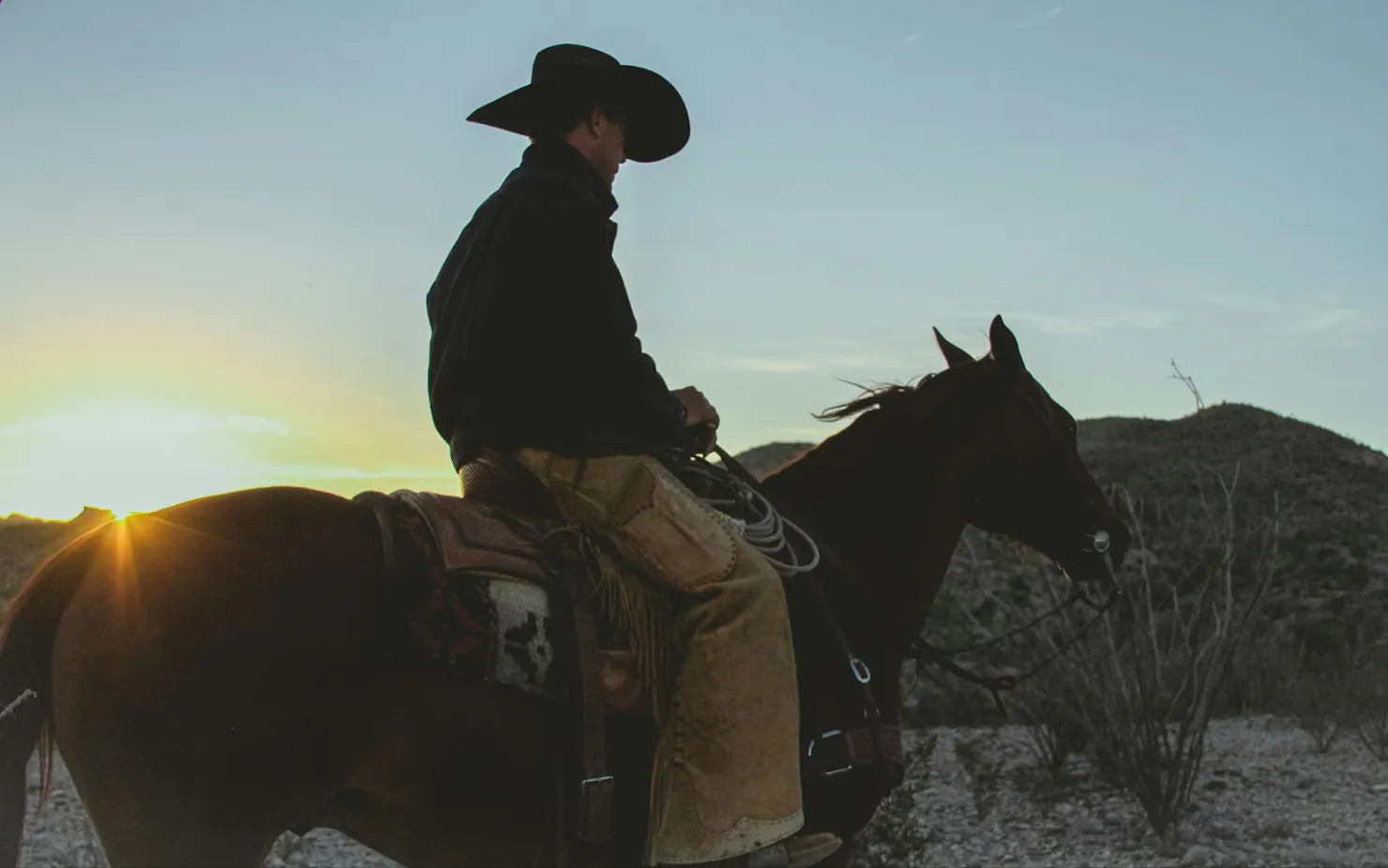 Cowboy on horseback silhouetted against a desert sunset, a nod to Silas's favorite game, Red Dead Redemption