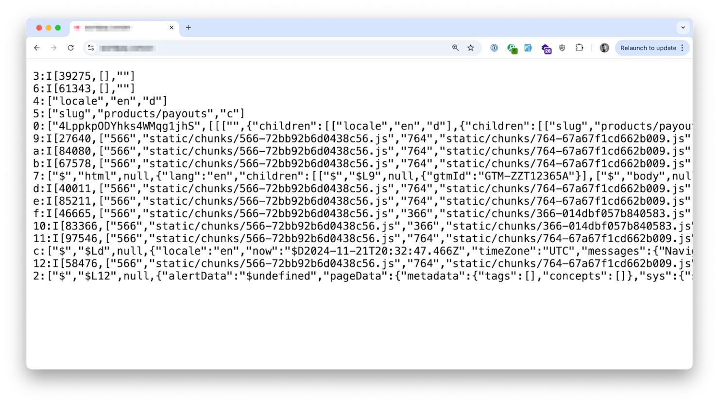 Screenshot of a browser displaying a raw Next.js RSC payload of JSON-like lines instead of the rendered page