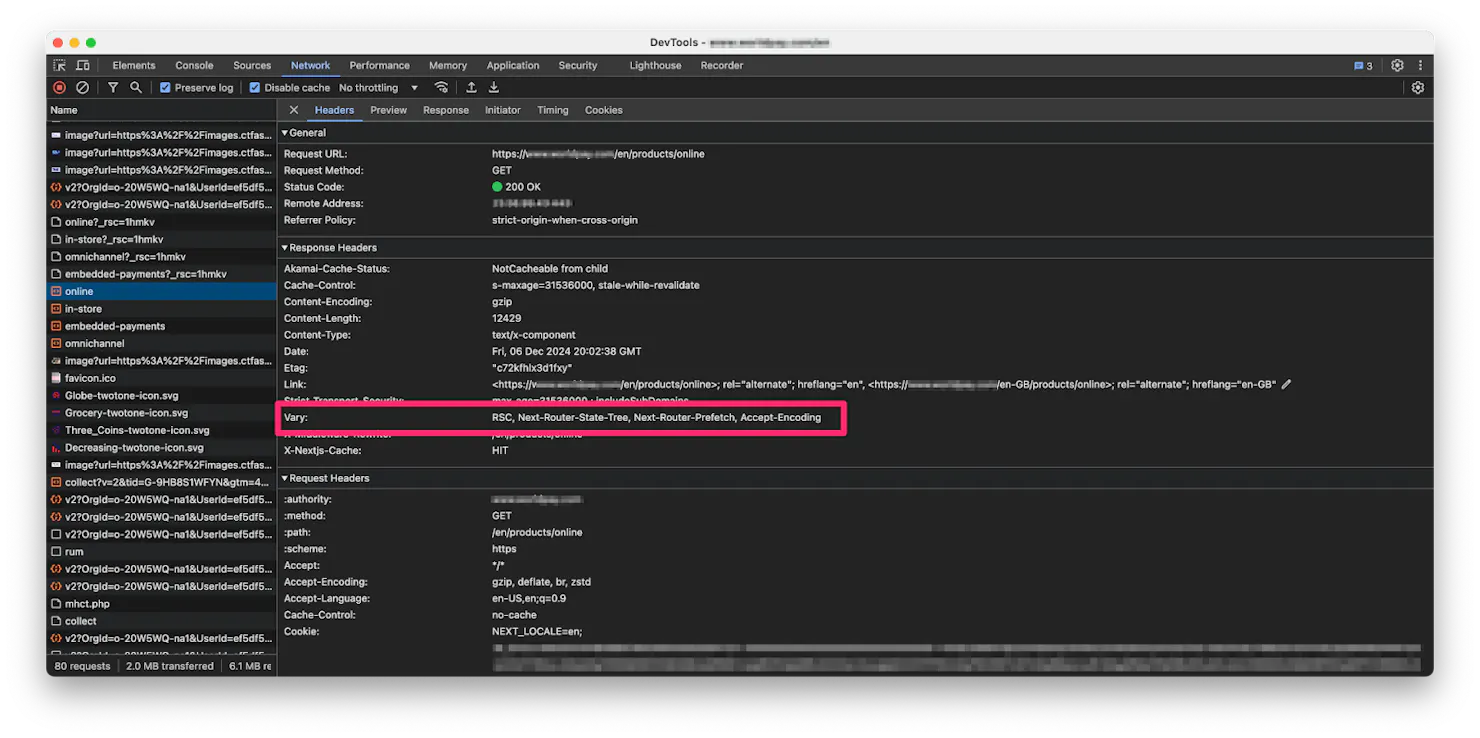 Screenshot of Chrome DevTools response headers with the Vary header highlighted: RSC, Next-Router-State-Tree, Next-Router-Prefetch, Accept-Encoding