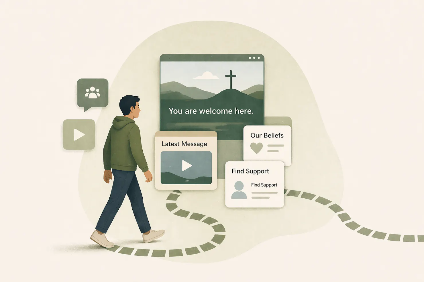 Illustration of a man walking a dotted path past church website cards reading You are welcome here, Latest Message, Our Beliefs and Find Support