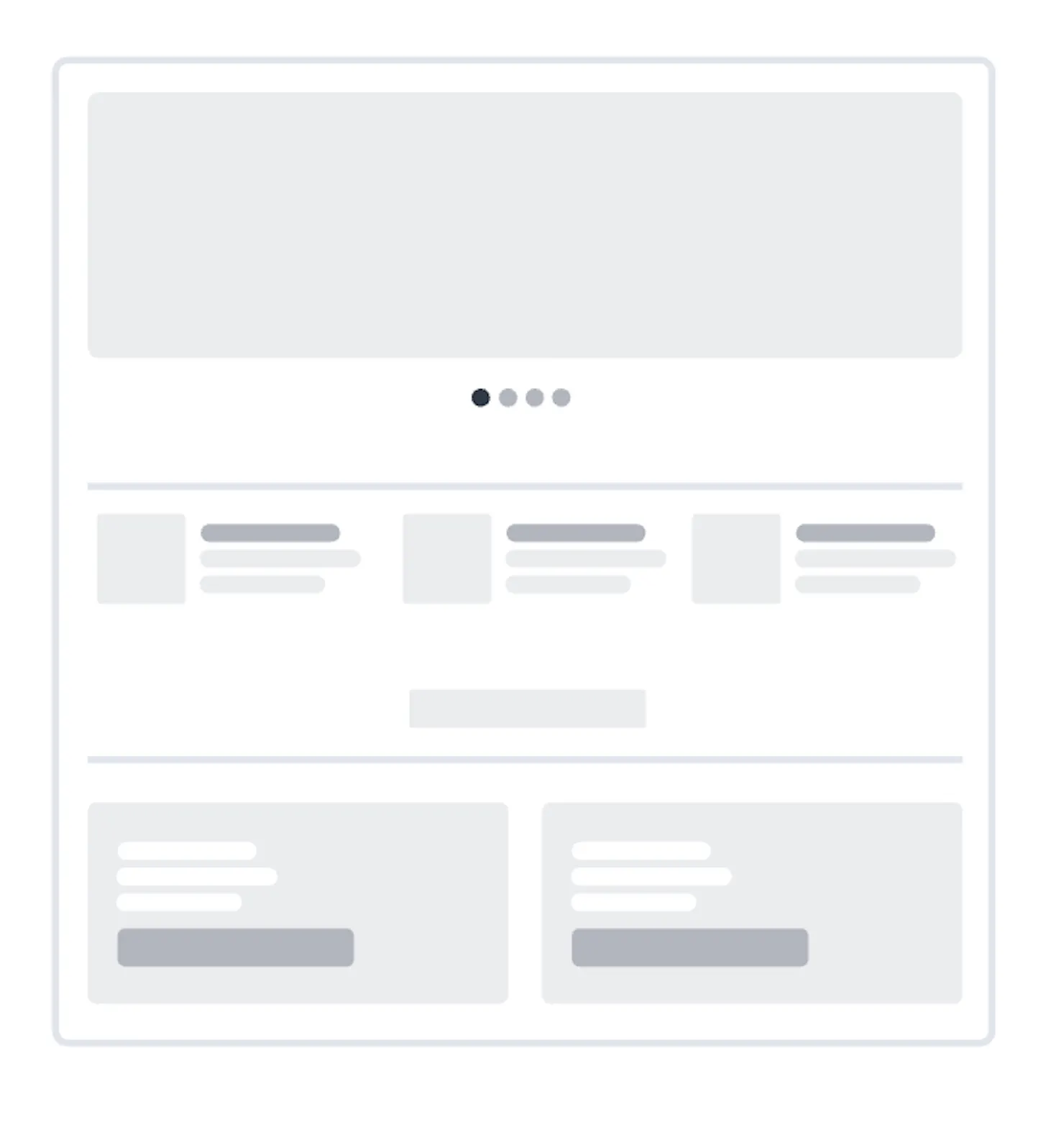 Wireframe of a flexible page with a carousel, a row of event listings and two call-to-action cards