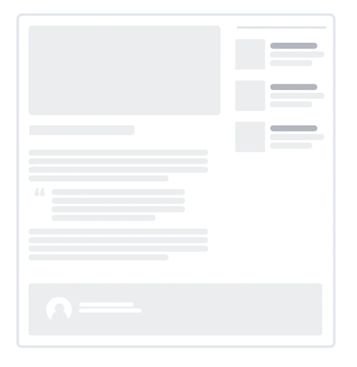 Wireframe of a structured article page with a featured image, title, body copy, pull quote, author block and related posts sidebar