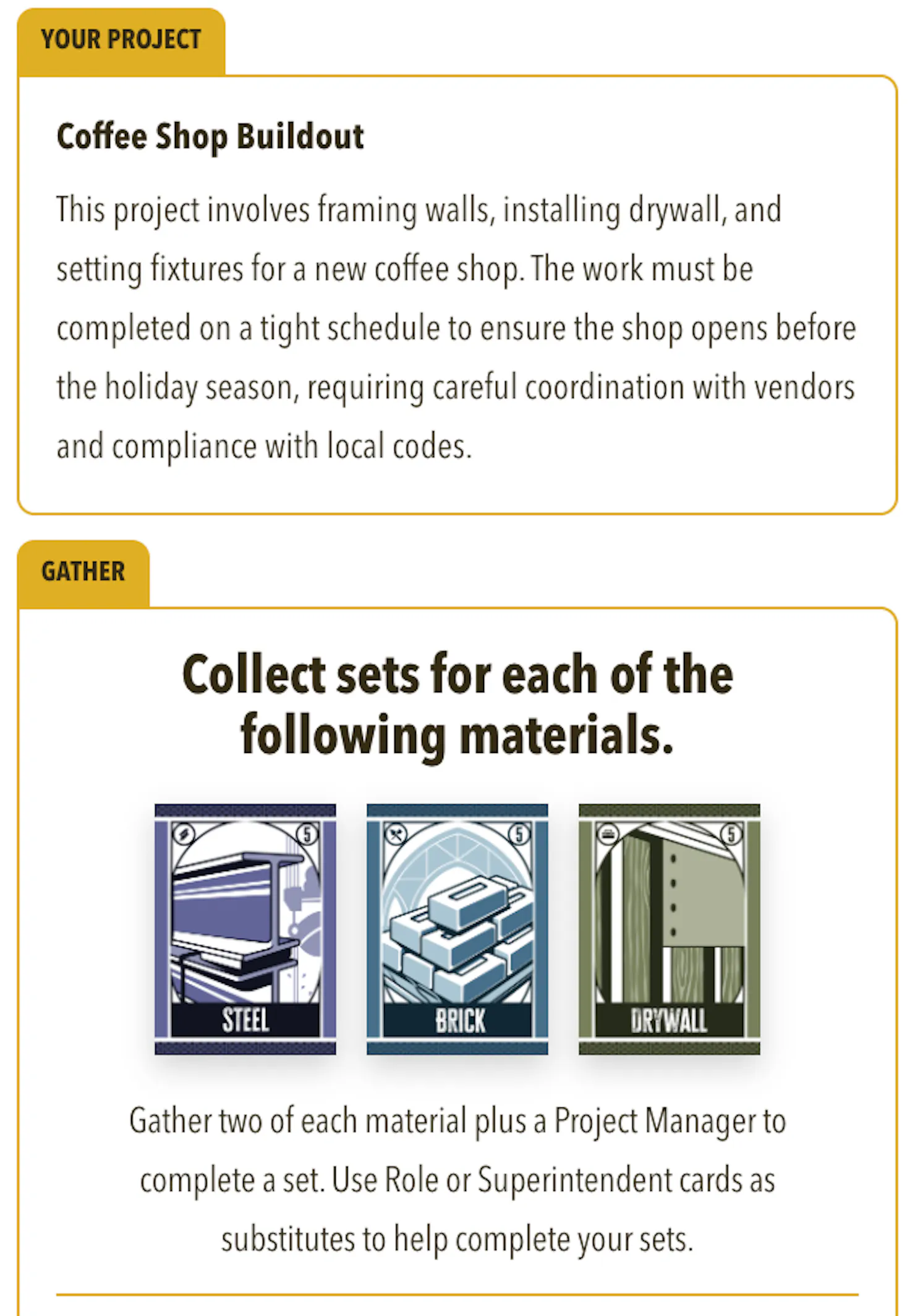 Screenshot of the Heroes of the Build companion app showing a Coffee Shop Buildout project brief and steel, brick and drywall material cards to collect