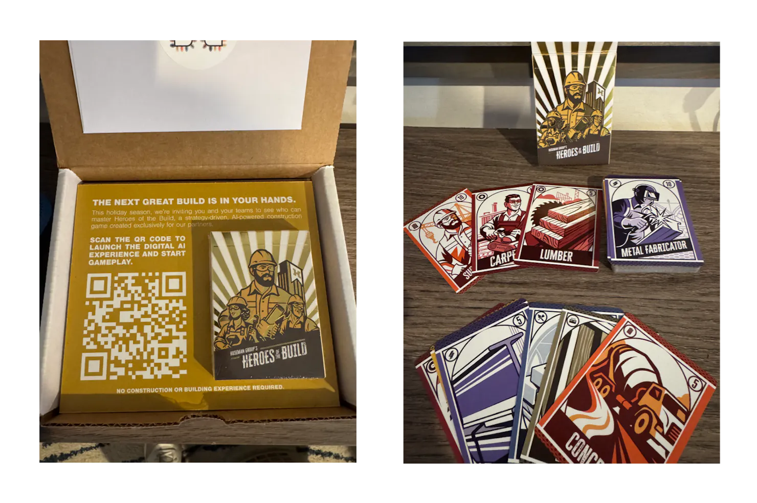 Two photos of the Heroes of the Build card game: the boxed deck with a QR-code insert, and fanned role and material cards such as Carpenter, Lumber and Metal Fabricator