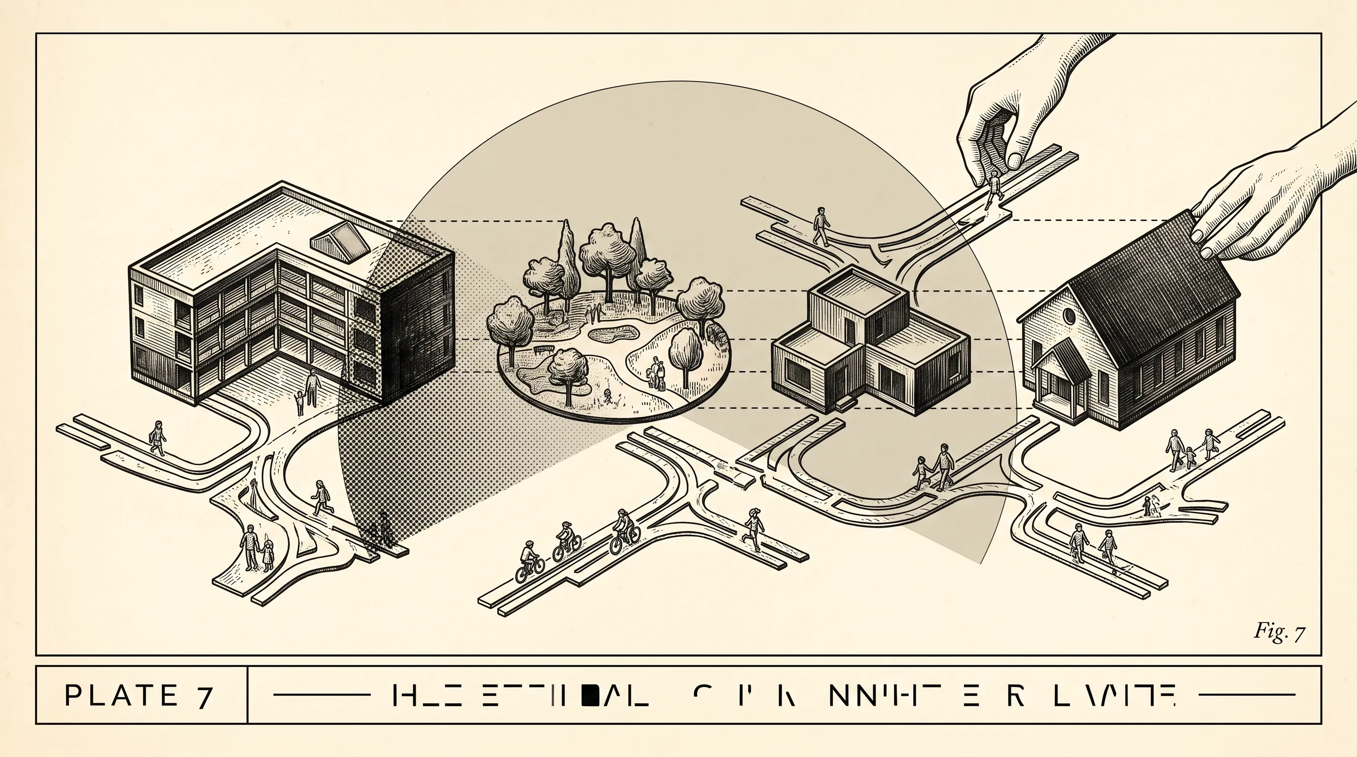 Isometric illustration of hands placing an office block, a park, modular units and a house along connected walkways