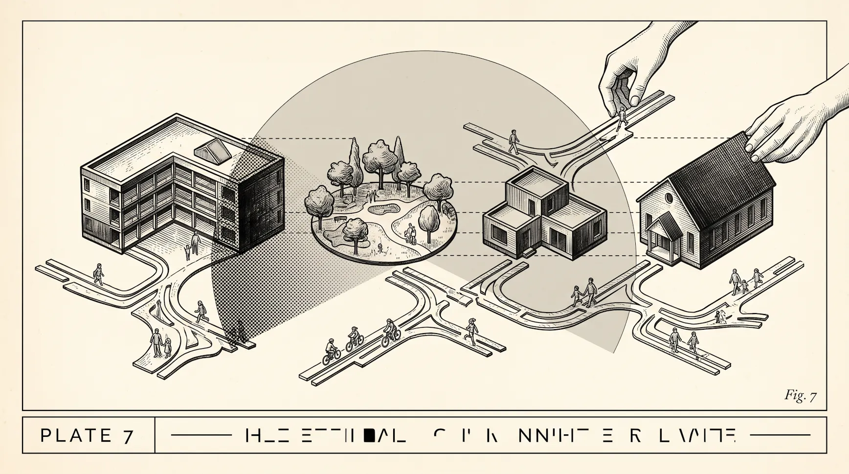 Isometric illustration of hands placing an office block, a park, modular units and a house along connected walkways