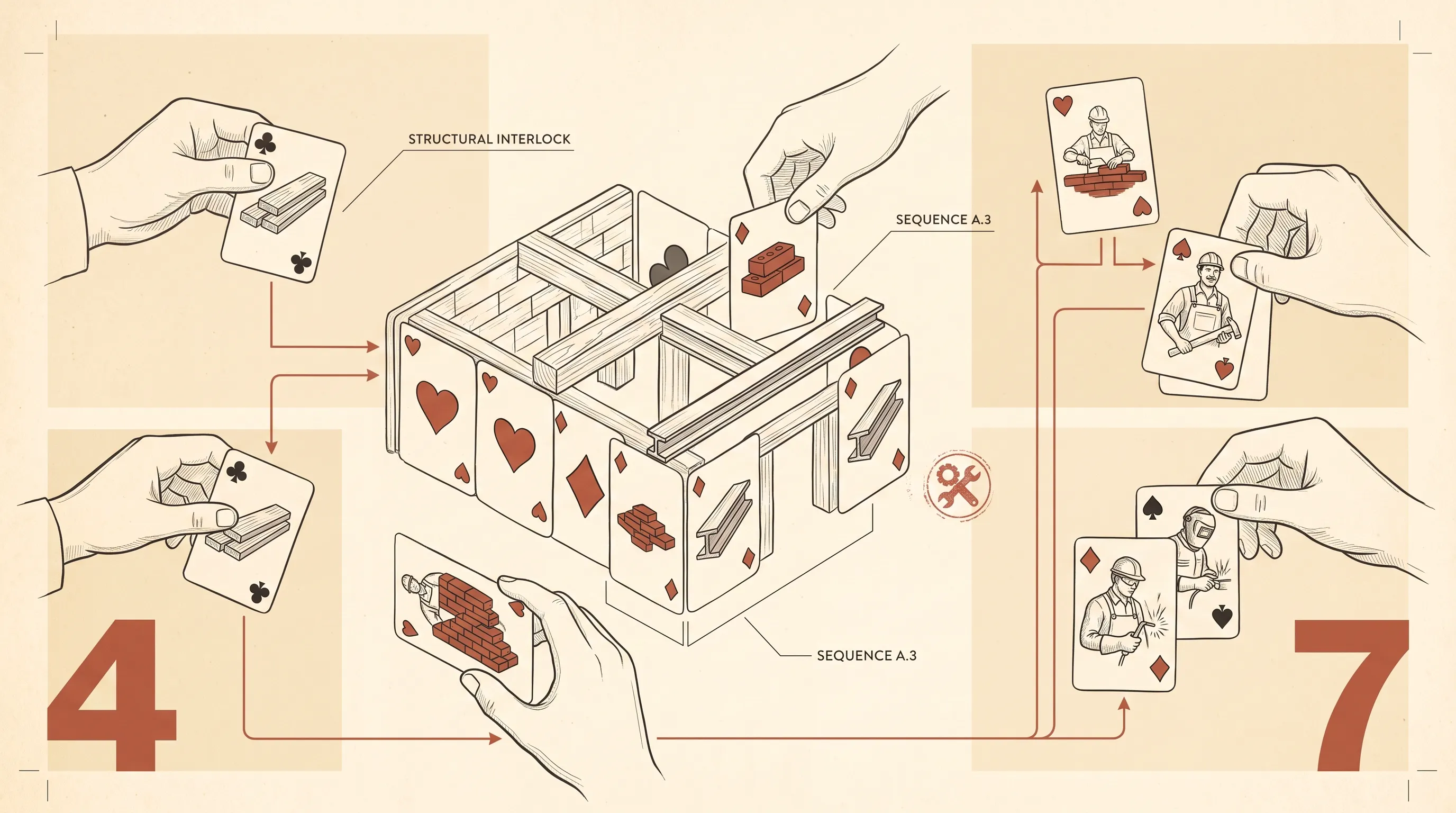 Technical illustration of hands playing construction-themed cards to build a card house, with arrows tracing the sequence and large numerals 4 and 7