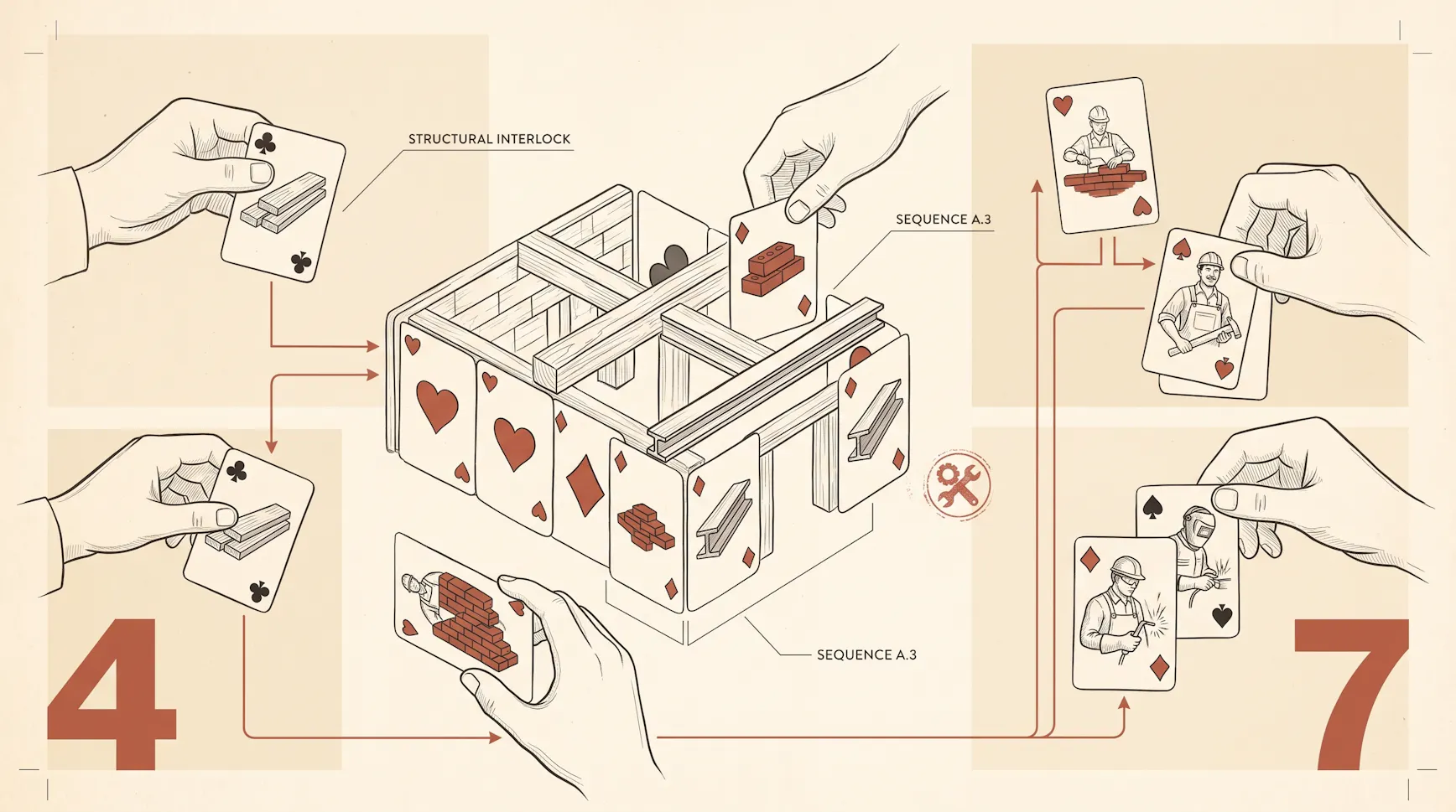 Technical illustration of hands playing construction-themed cards to build a card house, with arrows tracing the sequence and large numerals 4 and 7