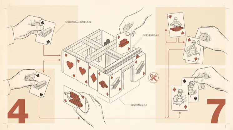 Technical illustration of hands playing construction-themed cards to build a card house, with arrows tracing the sequence and large numerals 4 and 7