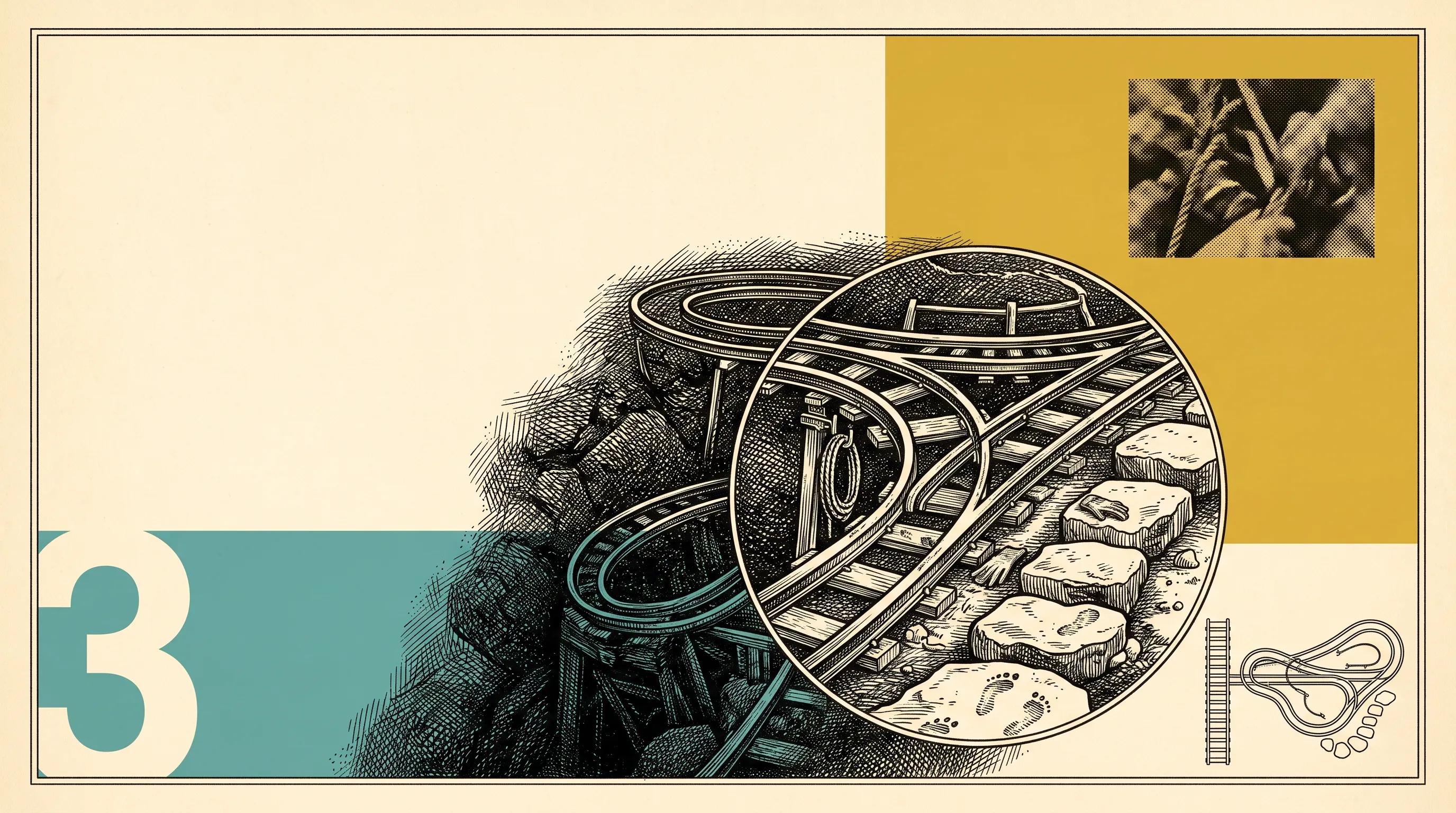 Engraved-style illustration of looping railway tracks on a rocky slope, with a circular inset magnifying a junction where the rails split