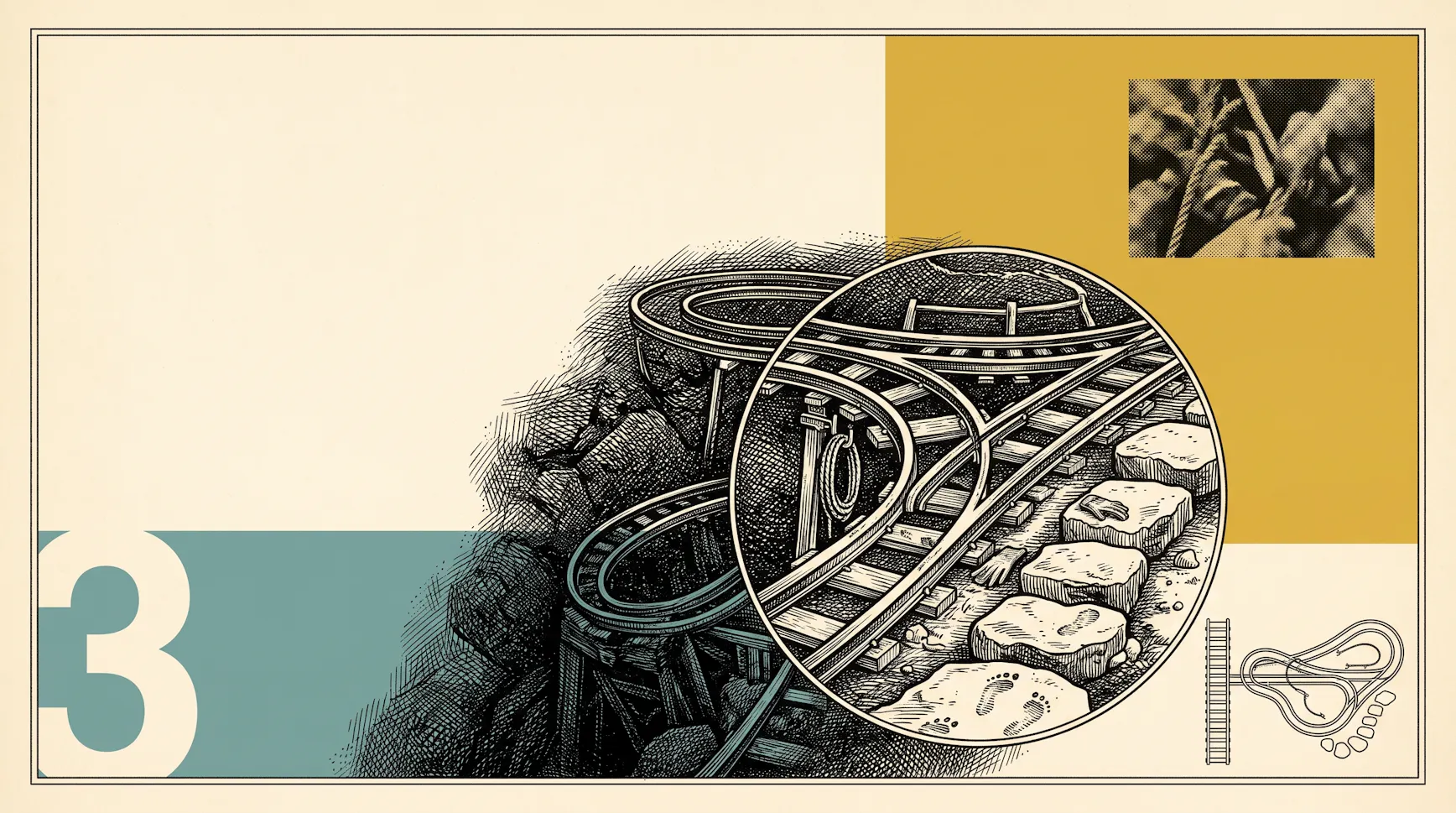 Engraved-style illustration of looping railway tracks on a rocky slope, with a circular inset magnifying a junction where the rails split