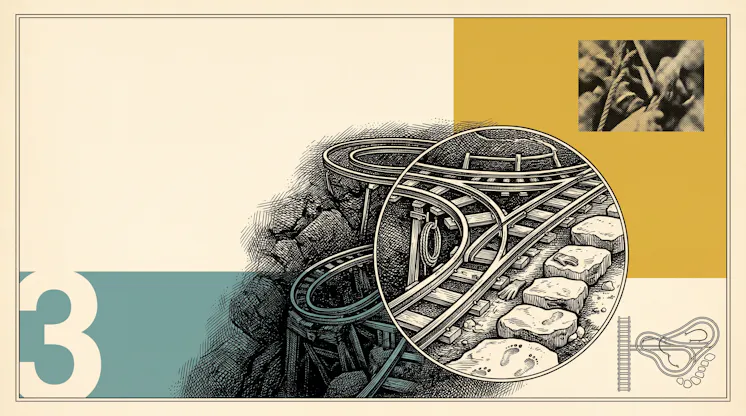 Engraved-style illustration of looping railway tracks on a rocky slope, with a circular inset magnifying a junction where the rails split