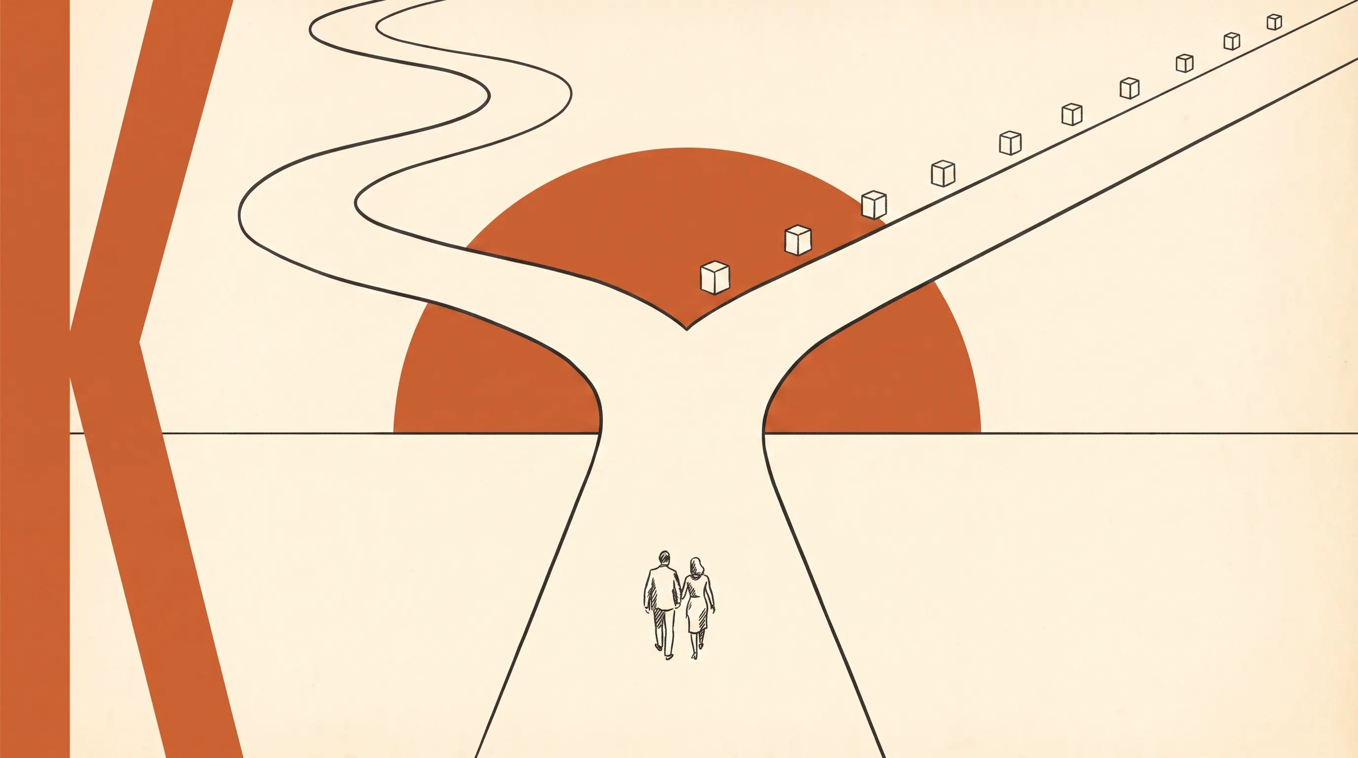 Minimalist illustration of a couple walking toward a fork in the road, one path winding and one straight and lined with boxes
