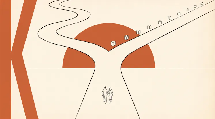 Minimalist illustration of a couple walking toward a fork in the road, one path winding and one straight and lined with boxes