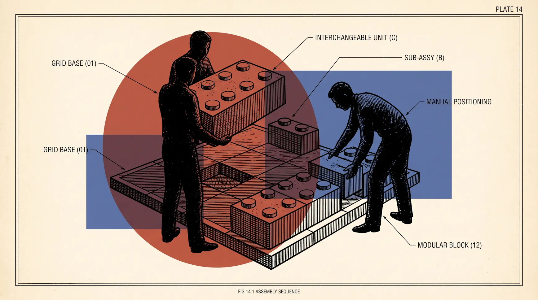 Technical-plate illustration of two people placing oversized toy building blocks onto a grid base, labelled interchangeable unit and modular block