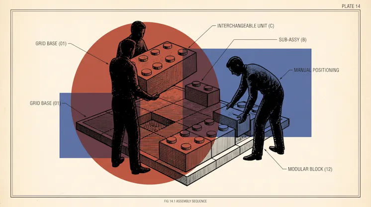 Technical-plate illustration of two people placing oversized toy building blocks onto a grid base, labelled interchangeable unit and modular block