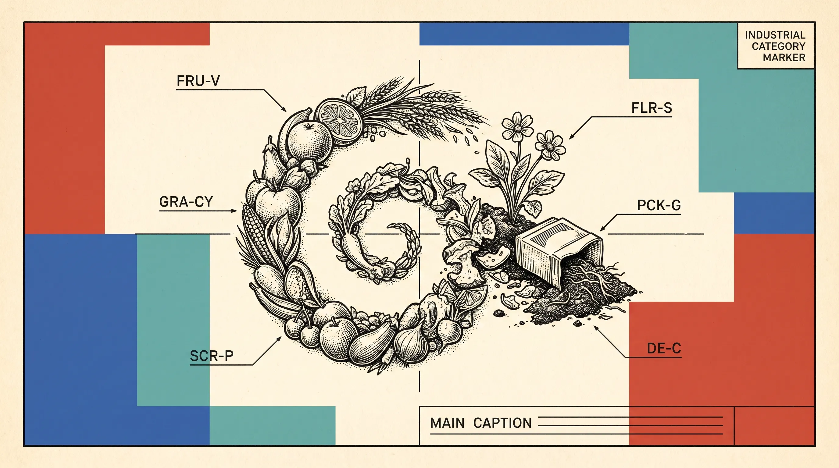 Engraved-style illustration of fruit, grain and flowers spiraling into food scraps and compost, laid out as a labelled technical plate