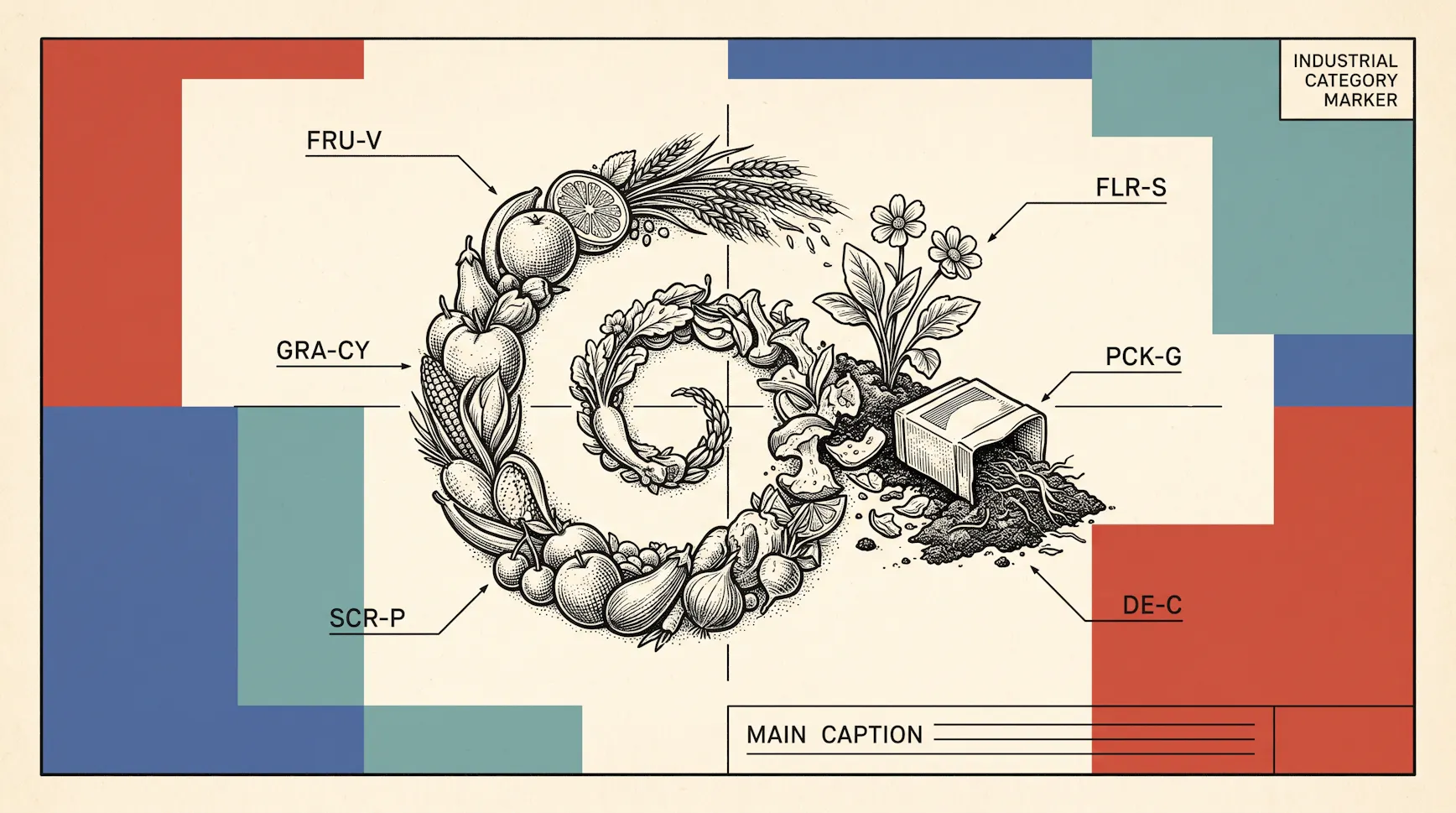 Engraved-style illustration of fruit, grain and flowers spiraling into food scraps and compost, laid out as a labelled technical plate