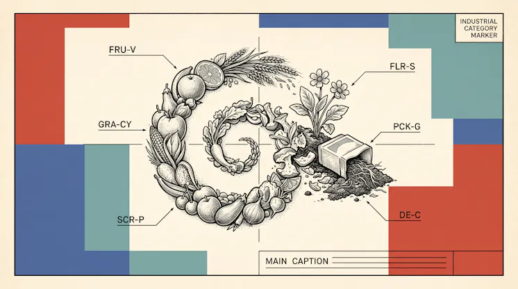Engraved-style illustration of fruit, grain and flowers spiraling into food scraps and compost, laid out as a labelled technical plate