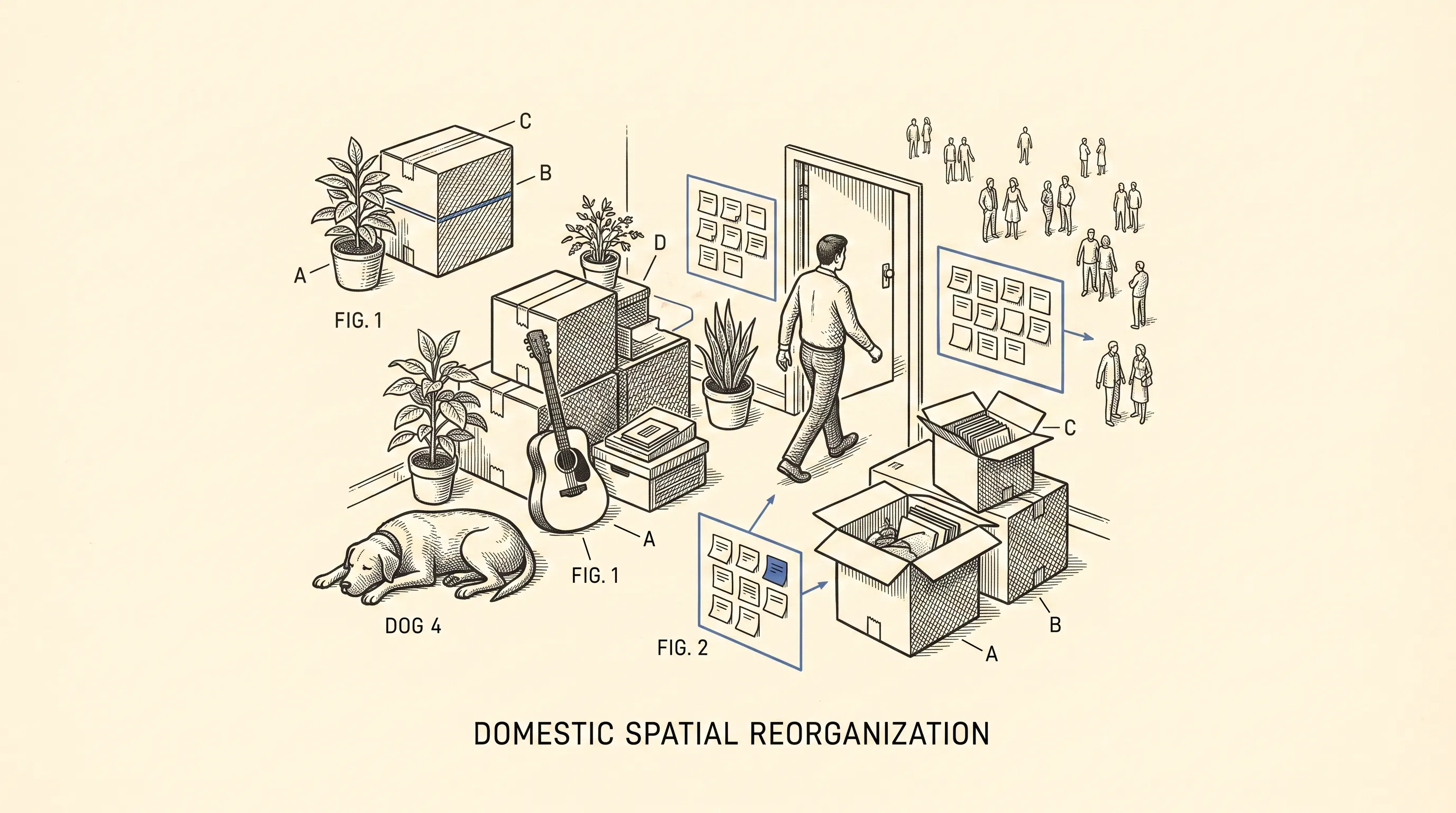 Line drawing titled 'Domestic spatial reorganization' of a man walking through a doorway past moving boxes, plants, a guitar and a sleeping dog