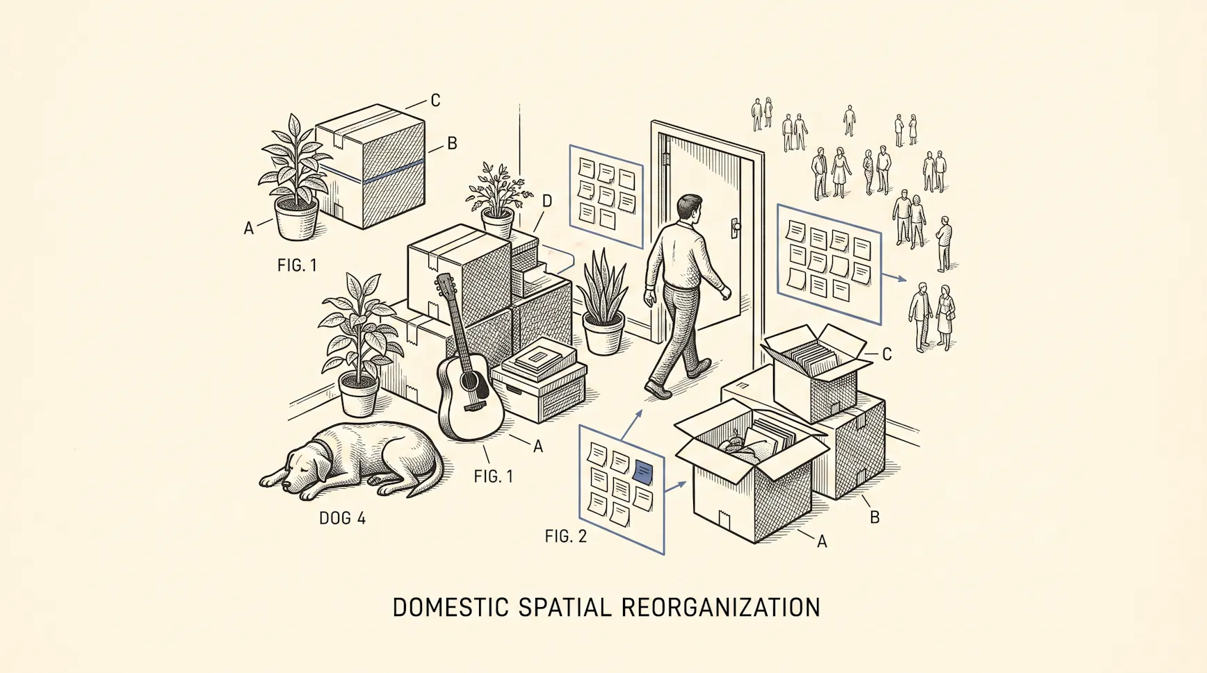 Line drawing titled 'Domestic spatial reorganization' of a man walking through a doorway past moving boxes, plants, a guitar and a sleeping dog