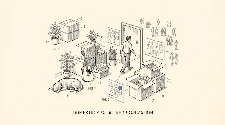 Line drawing titled 'Domestic spatial reorganization' of a man walking through a doorway past moving boxes, plants, a guitar and a sleeping dog