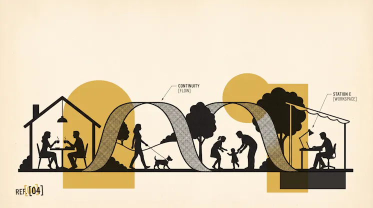 Silhouette illustration of a ribbon flowing from a couple at a kitchen table, past a dog walk and a family, to a person working at a desk