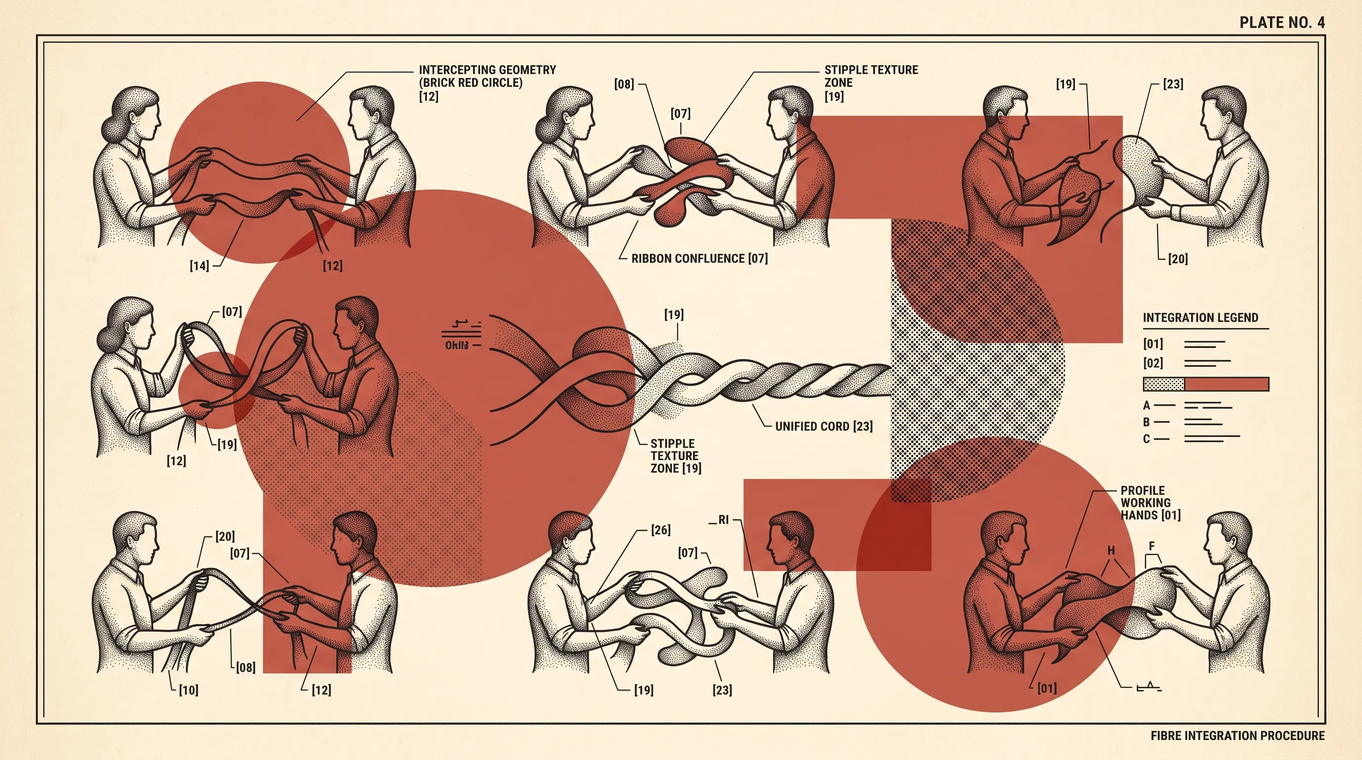 Engraved instructional plate of pairs of people twisting ribbons together into a single unified cord, with numbered callouts