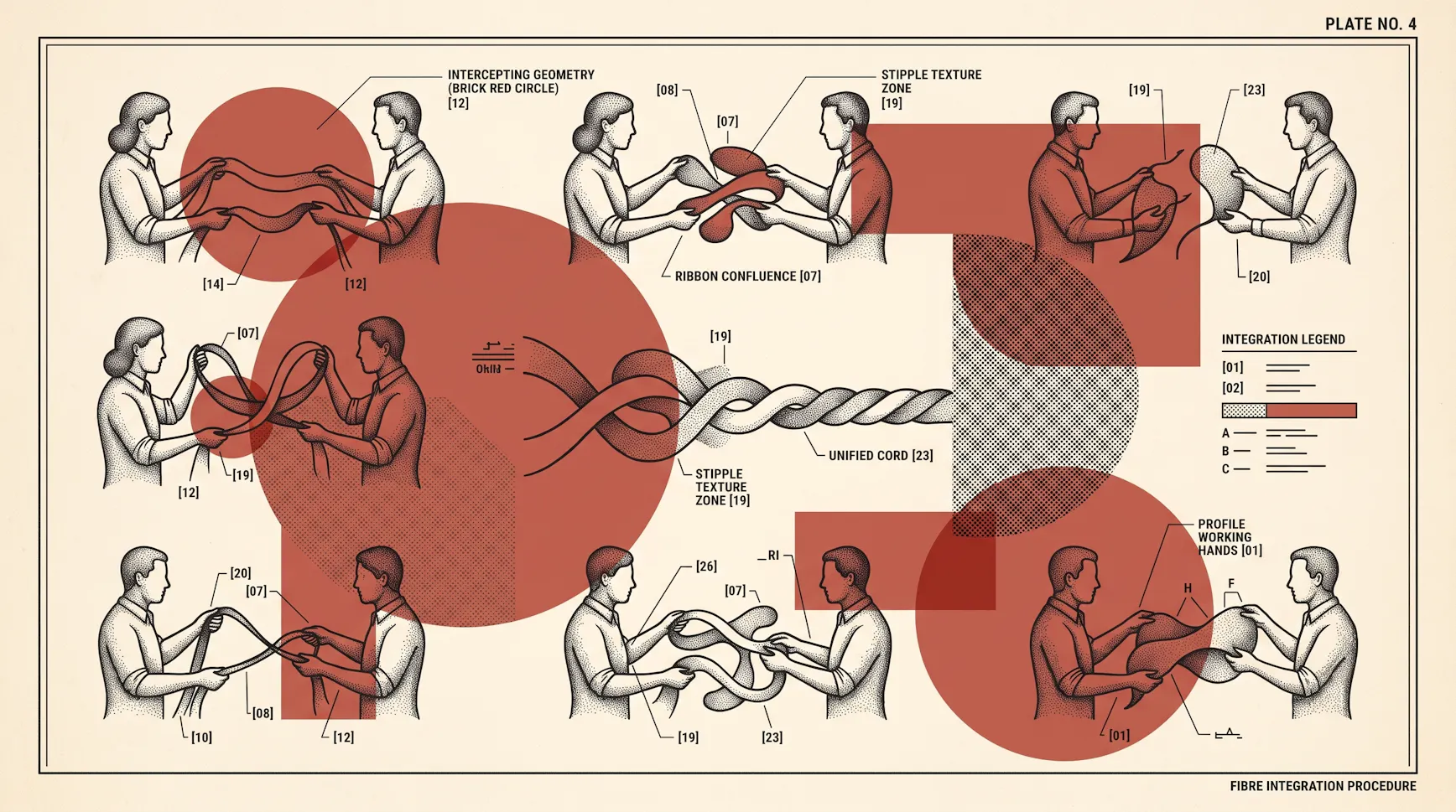 Engraved instructional plate of pairs of people twisting ribbons together into a single unified cord, with numbered callouts
