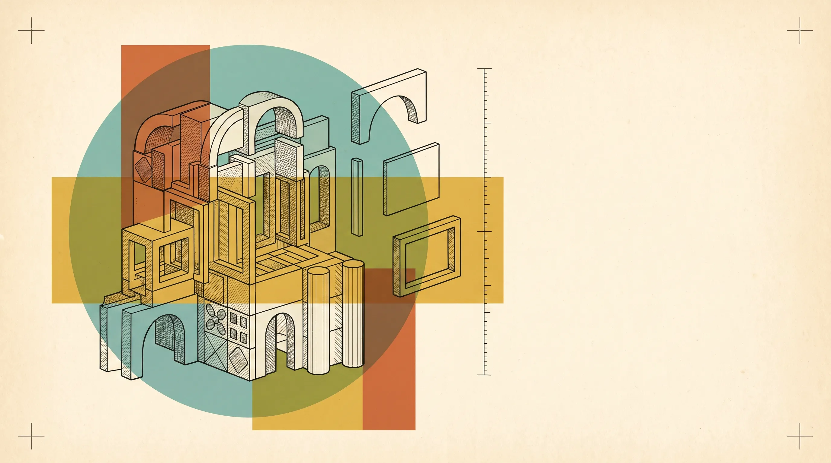 Isometric illustration of arches, columns and frames stacked into a structure, with spare parts and a ruler alongside