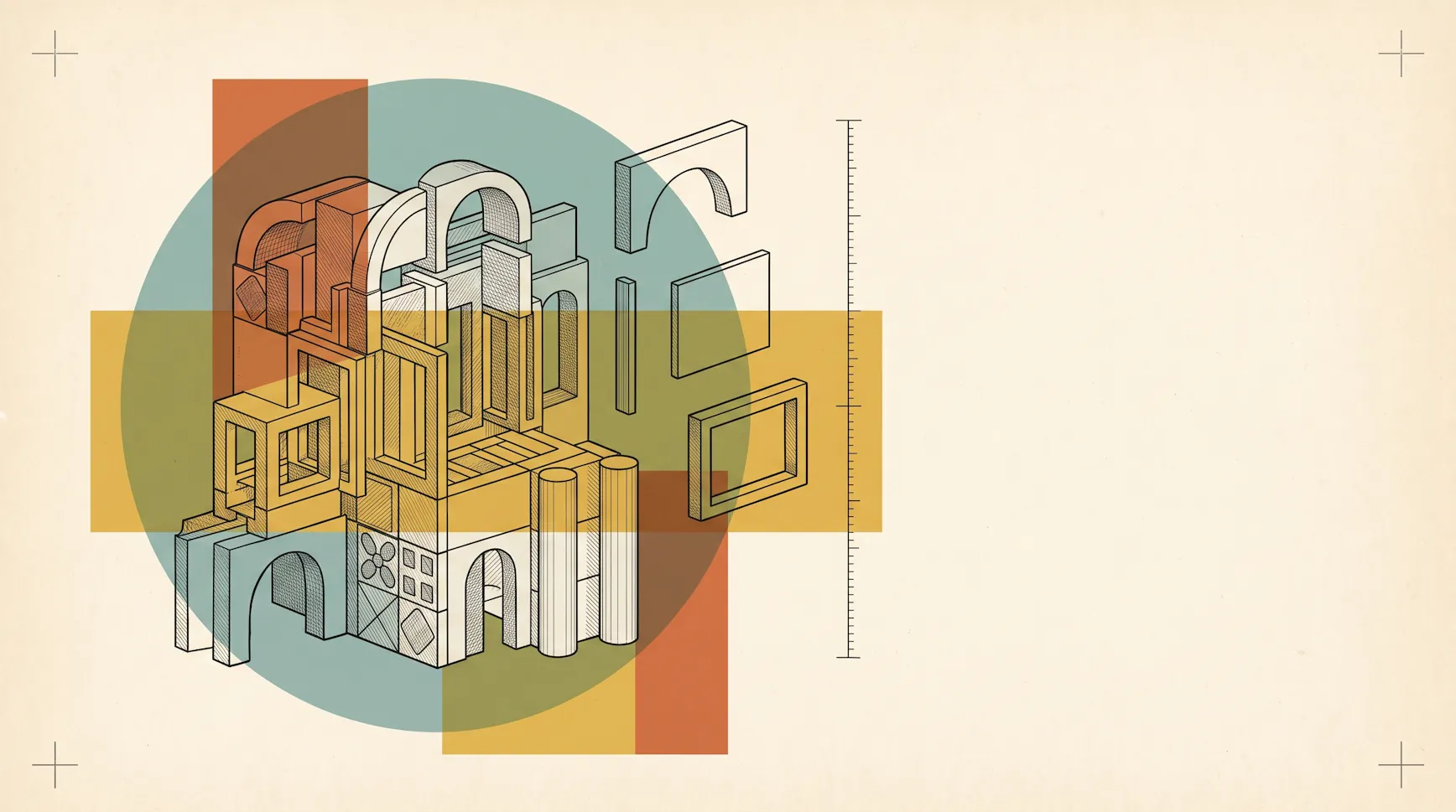 Isometric illustration of arches, columns and frames stacked into a structure, with spare parts and a ruler alongside