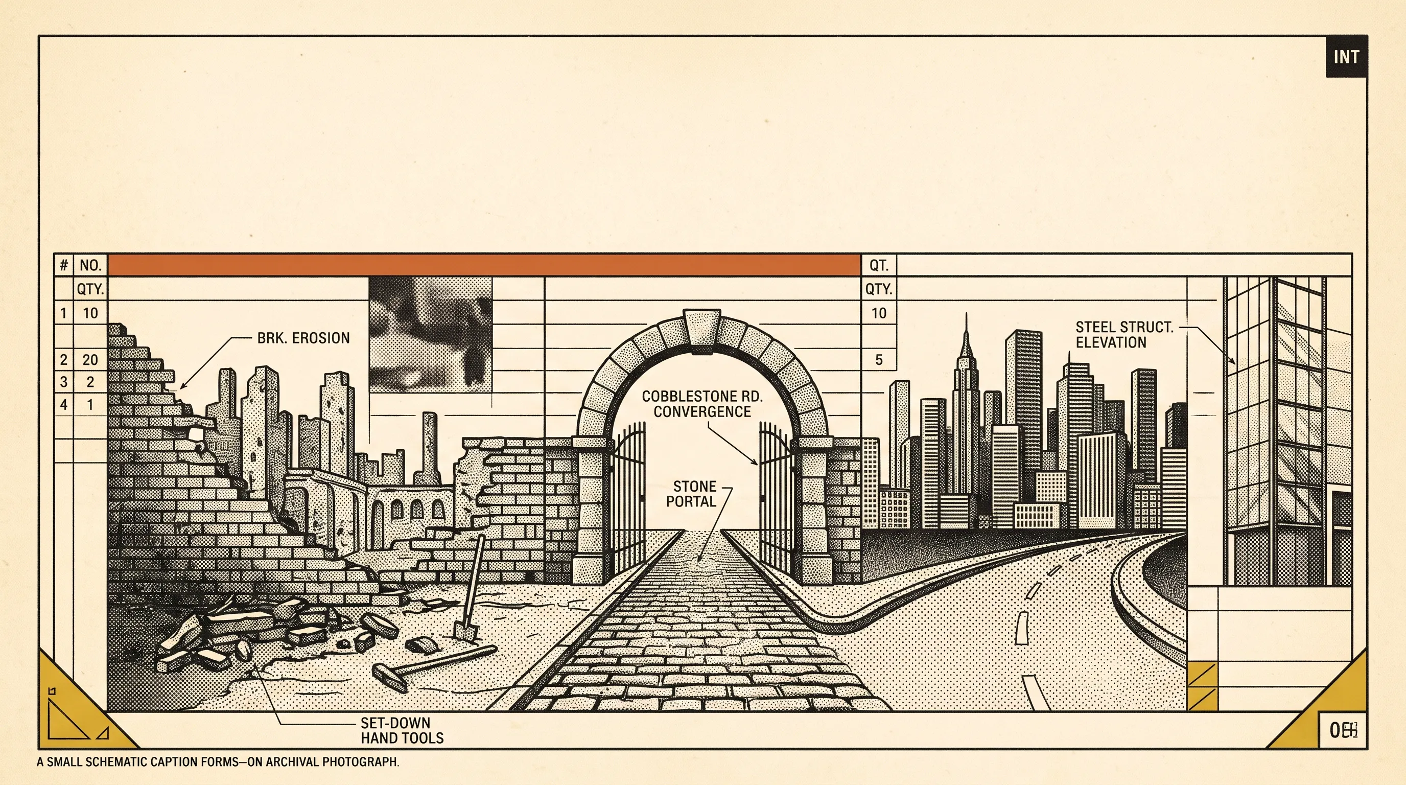 Illustration of a cobblestone road passing through a stone archway from a crumbling brick wall to a modern city skyline