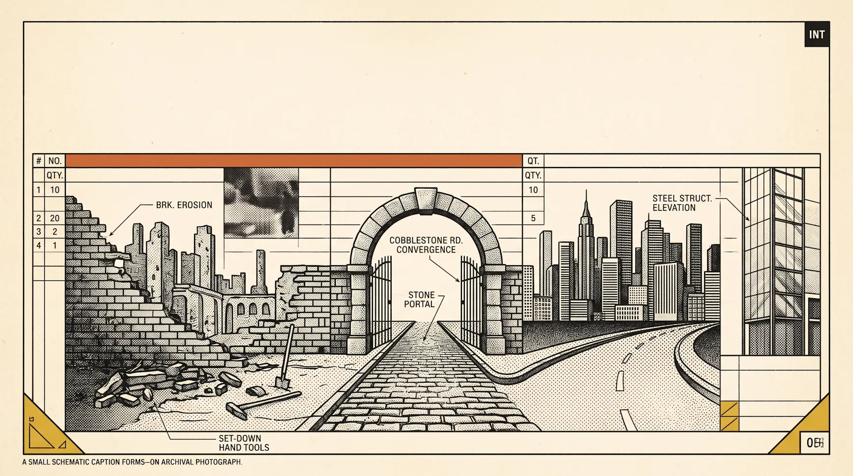 Illustration of a cobblestone road passing through a stone archway from a crumbling brick wall to a modern city skyline