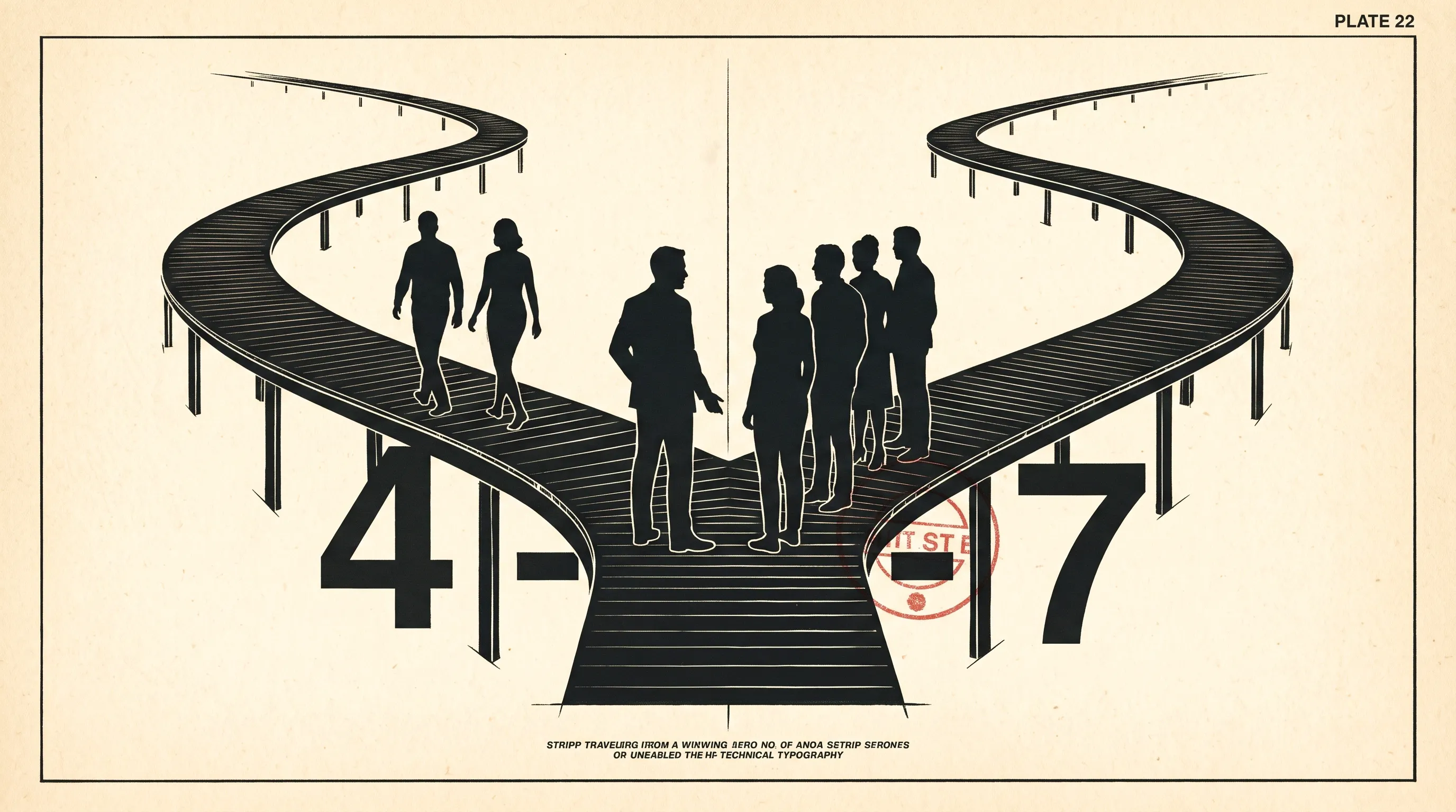 Silhouettes of a leader speaking with a group where one boardwalk forks into two winding paths
