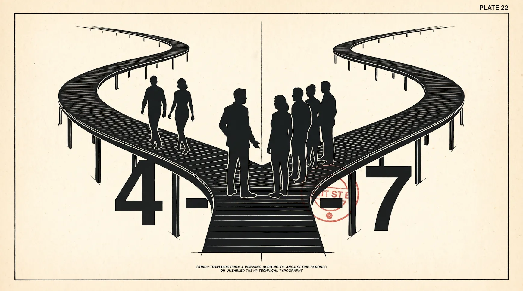 Silhouettes of a leader speaking with a group where one boardwalk forks into two winding paths