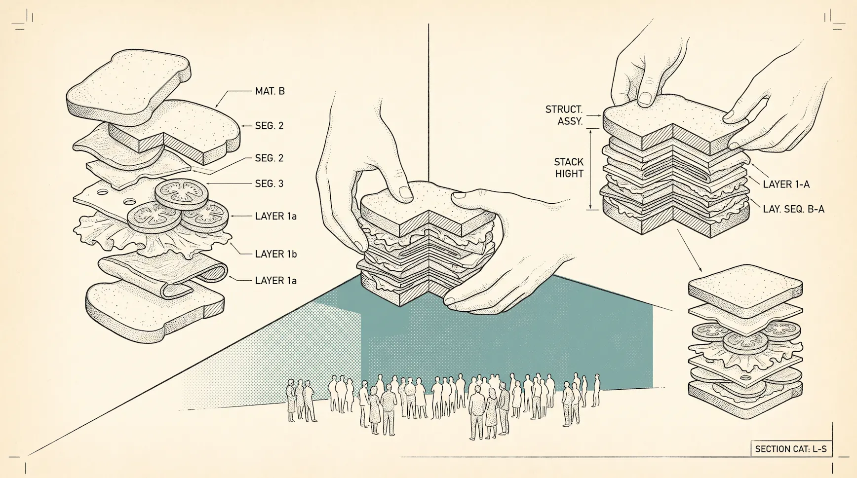 Exploded technical diagram of a layered sandwich, with hands assembling the stack and a crowd of people looking on