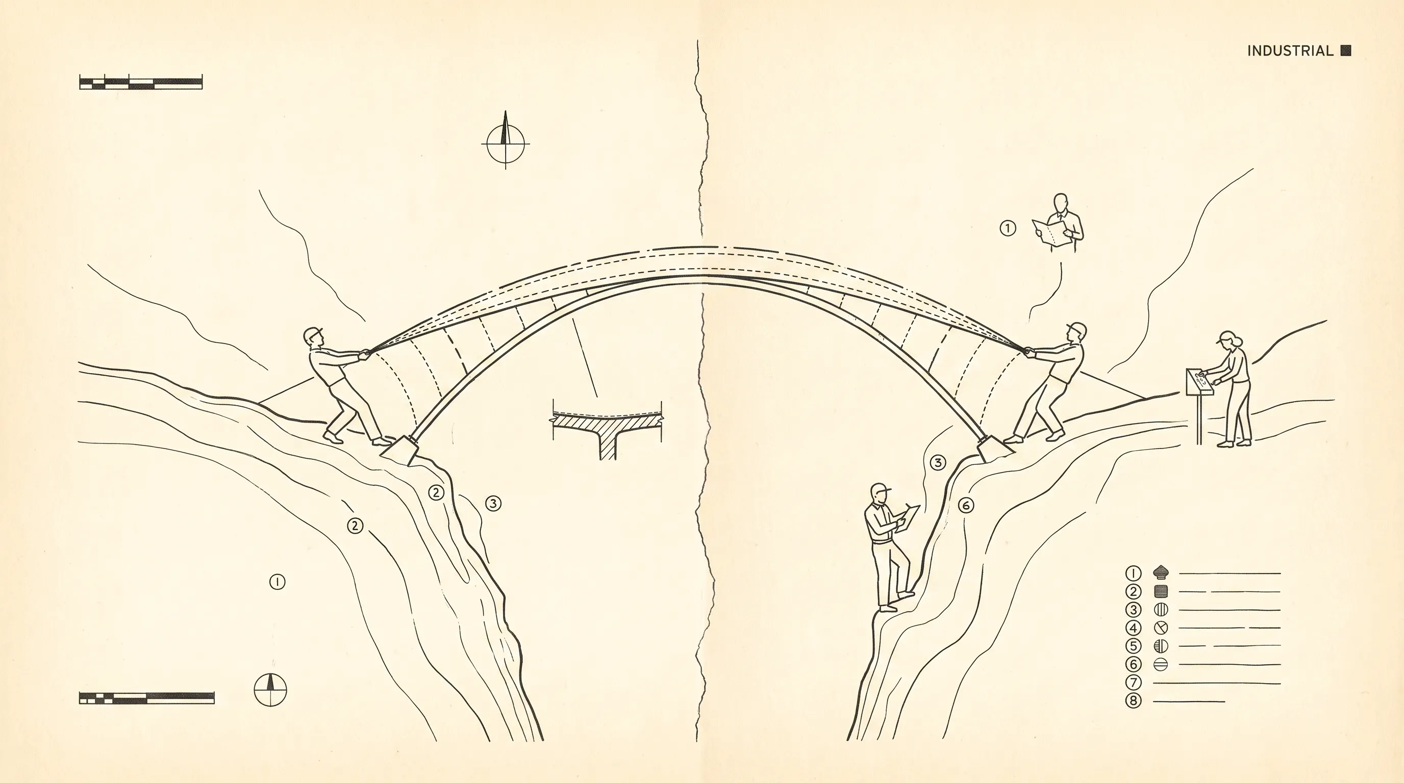 Blueprint-style illustration of two people on opposite cliffs pulling an arched bridge into place between them