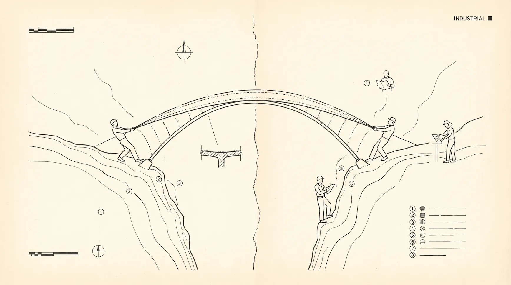 Blueprint-style illustration of two people on opposite cliffs pulling an arched bridge into place between them