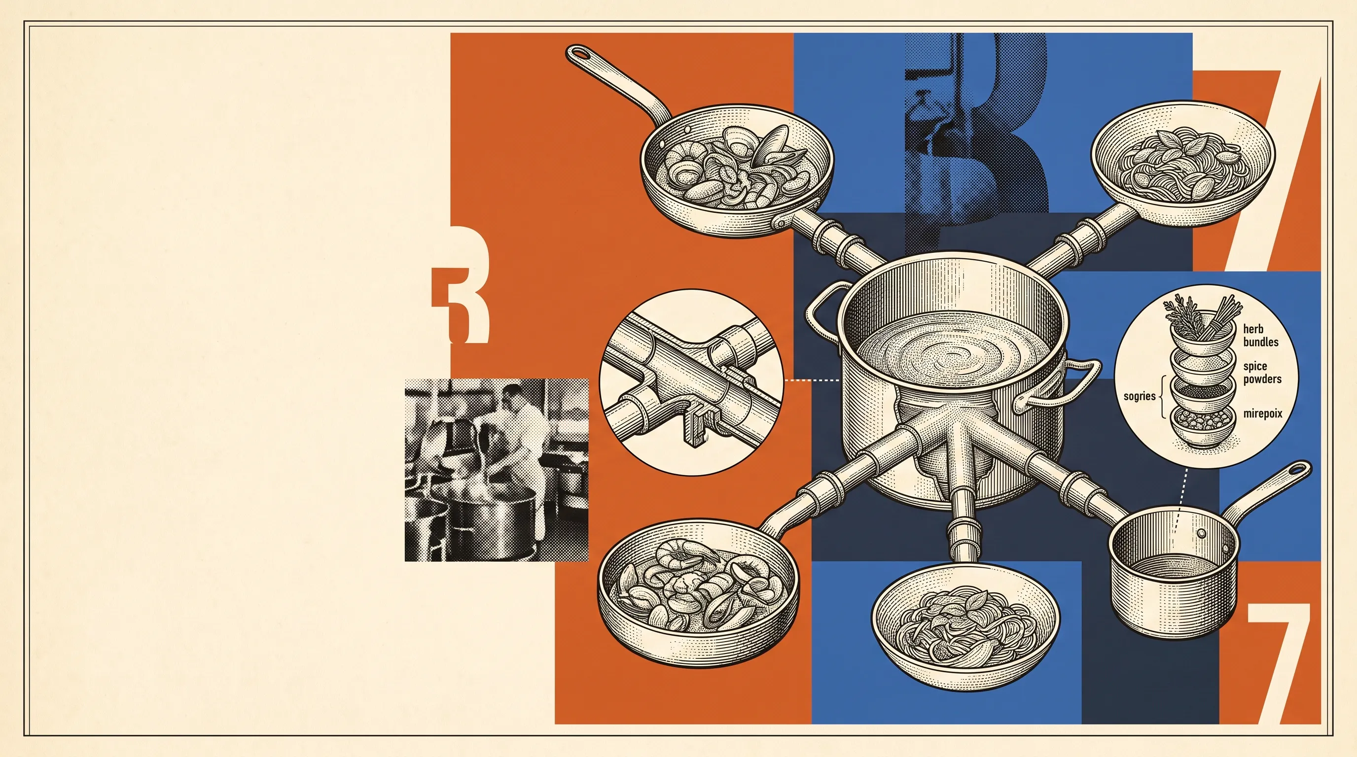 Illustration of a central stockpot piped to pans of shellfish and pasta, with a detail of layered herb bundles, spice powders and mirepoix