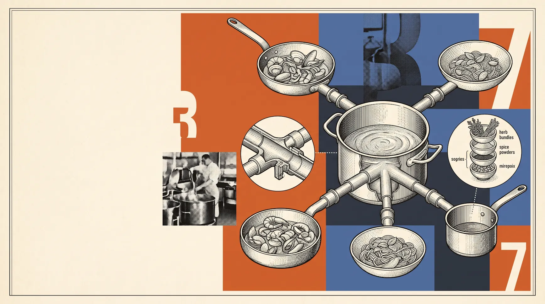 Illustration of a central stockpot piped to pans of shellfish and pasta, with a detail of layered herb bundles, spice powders and mirepoix