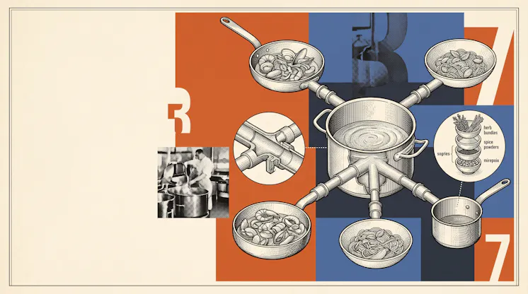 Illustration of a central stockpot piped to pans of shellfish and pasta, with a detail of layered herb bundles, spice powders and mirepoix