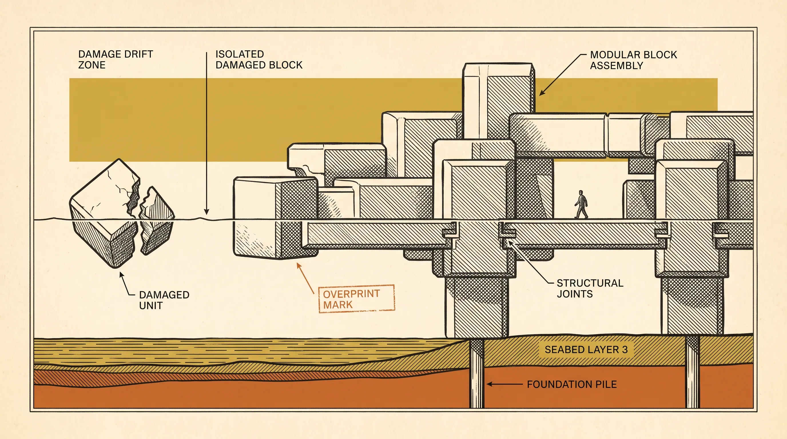 Cutaway illustration of a modular block assembly on foundation piles with a damaged unit isolated from the structure