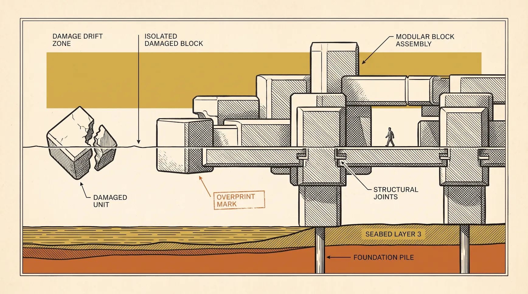 Cutaway illustration of a modular block assembly on foundation piles with a damaged unit isolated from the structure