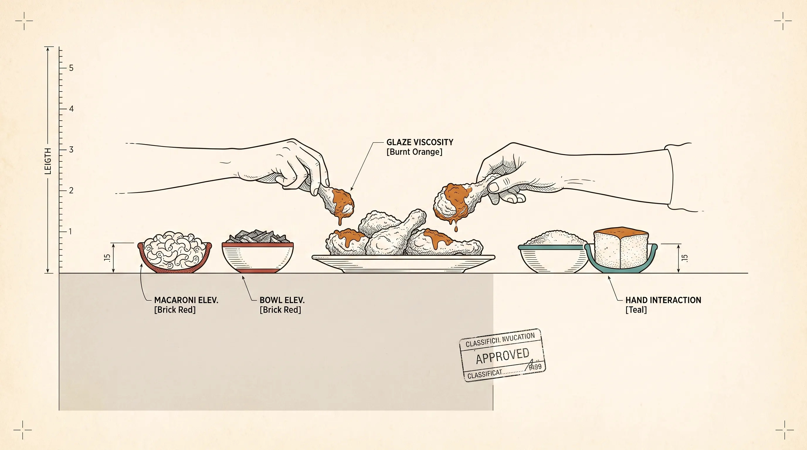 Blueprint-style illustration of hands dipping fried chicken in hot honey glaze beside bowls of mac and cheese, greens and bread