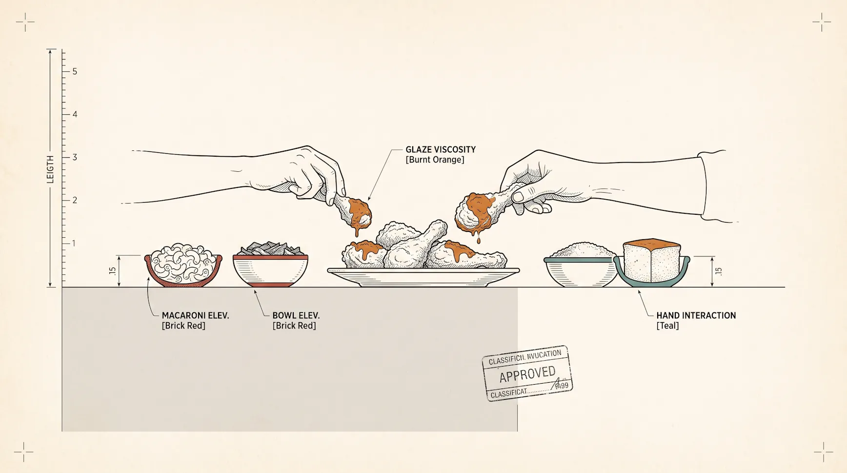 Blueprint-style illustration of hands dipping fried chicken in hot honey glaze beside bowls of mac and cheese, greens and bread