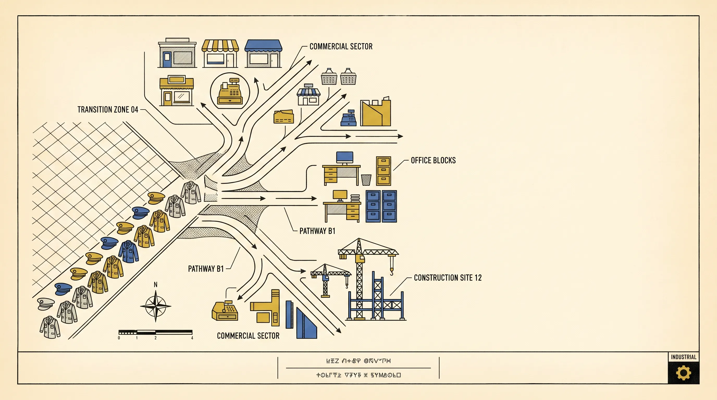Infographic-style map of military caps and jackets flowing along pathways into commercial, office and construction sectors